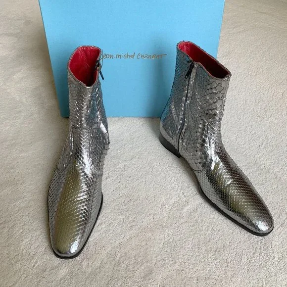 NIB JEAN-MICHEL CAZABAT ‘BOWIE’ Silver PYTHON Zip ANKLE BOOTS Size 41 EUR8 US
